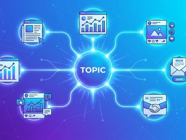 Your Topics Multiple Stories content marketing strategy concept showing one topic connected to multiple content narratives
