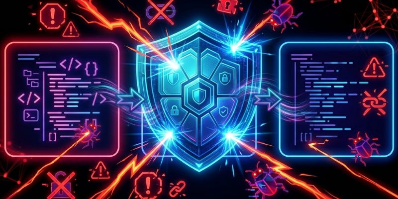 Cybersecurity concept showing protection of AI generated code