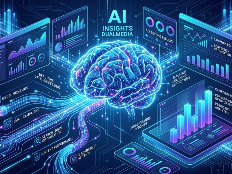 AI Insights DualMedia concept showing AI-powered marketing analytics dashboard and data-driven business decision making in 2026