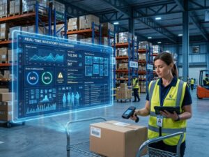 Best inventory management tools dashboard showing real-time stock tracking in a modern warehouse