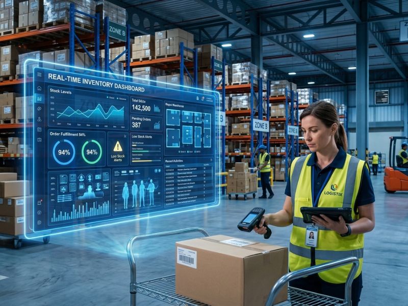 Best inventory management tools dashboard showing real-time stock tracking in a modern warehouse