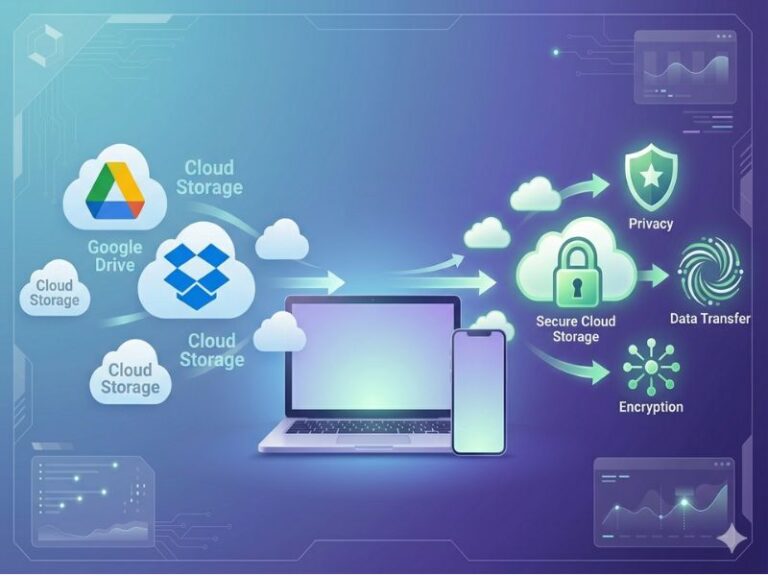 Illustration showing cloud storage alternatives in 2026 including secure and private cloud services replacing Google Drive and Dropbox
