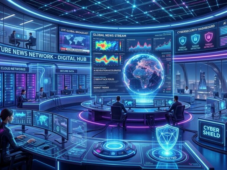 Innovation News DualMedia showing AI cloud computing and cybersecurity future technology concept