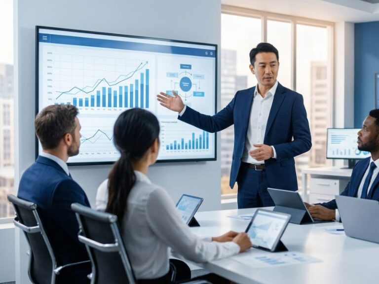 Pedrovazpaulo business consultant guiding a team with strategy, financial planning, and business growth insights in a modern office