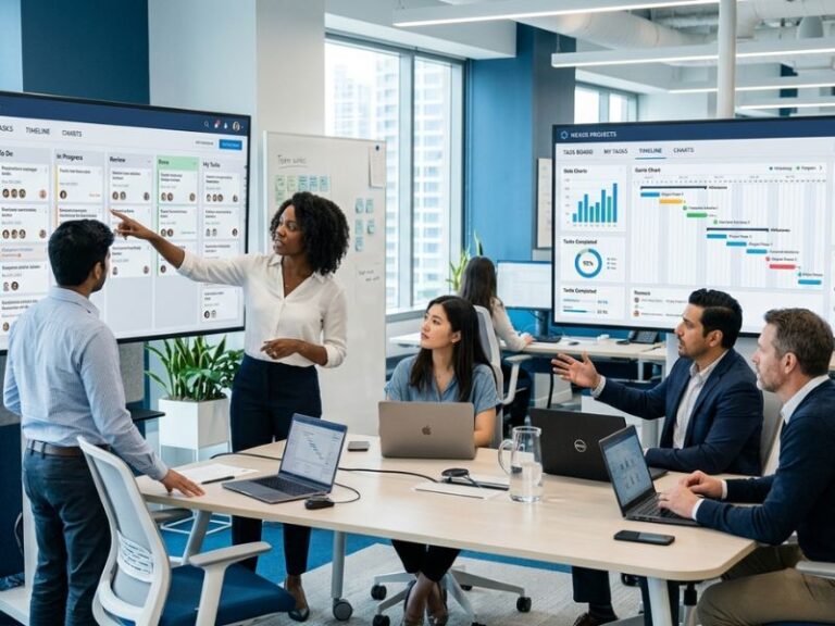 Project management software dashboard showing team collaboration, task tracking, and productivity tools in a modern office environment