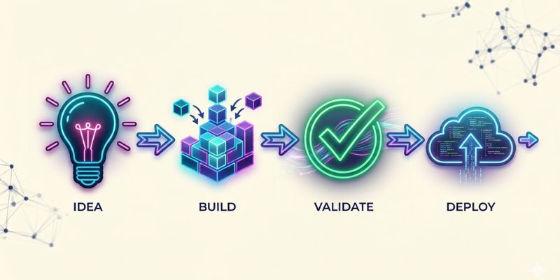 Pipeline diagram showing idea build validate and deploy stages