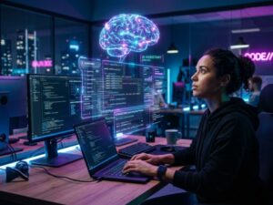 AI-powered vibe coding concept showing a developer collaborating with artificial intelligence to generate code