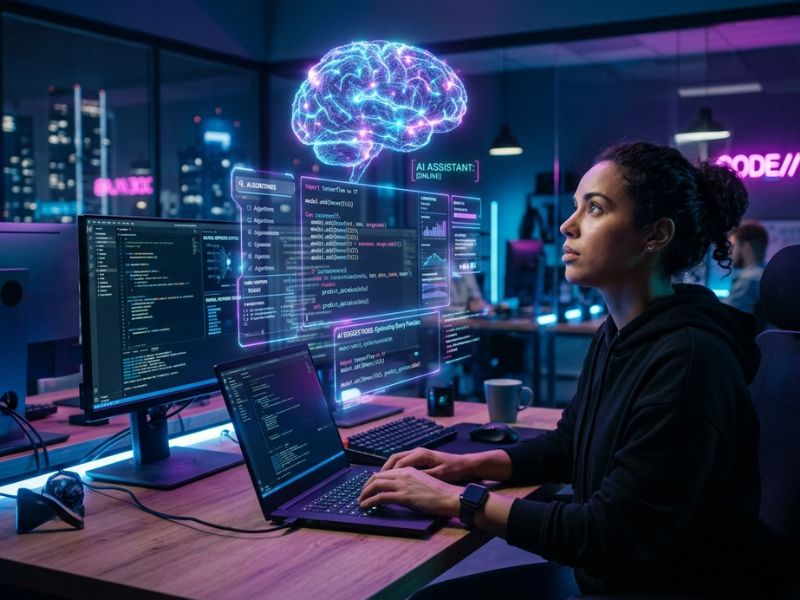 AI-powered vibe coding concept showing a developer collaborating with artificial intelligence to generate code