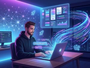 Illustration of vibe coding showing a developer using AI to generate software code from natural language prompts