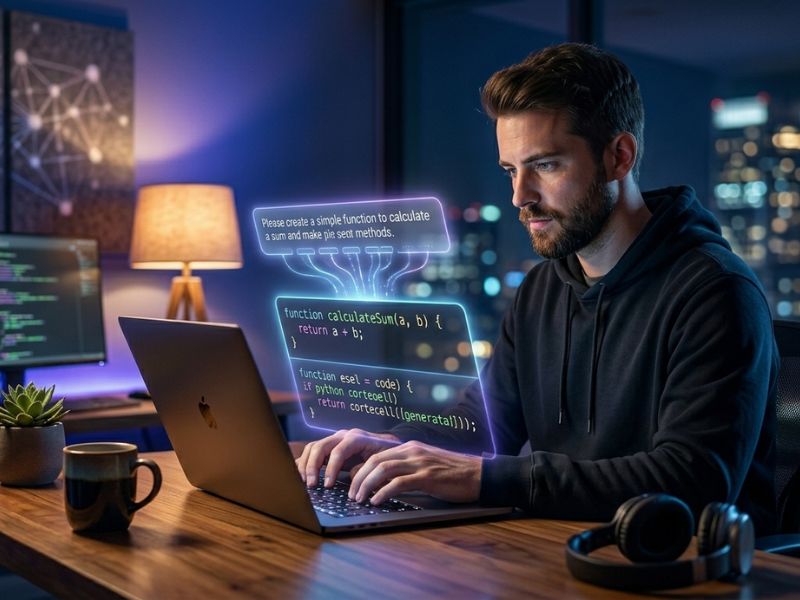 Realistic scene of developer using AI to generate code from natural language prompt