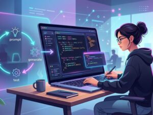 Illustration of vibe coding workflow showing AI generating code with prompt loop including generate, test, and refine steps