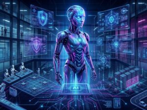 Illustration of business leaders managing AI governance and digital transformation systems