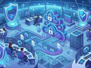 Illustration of business cloud storage with secure data, team collaboration, and control settings