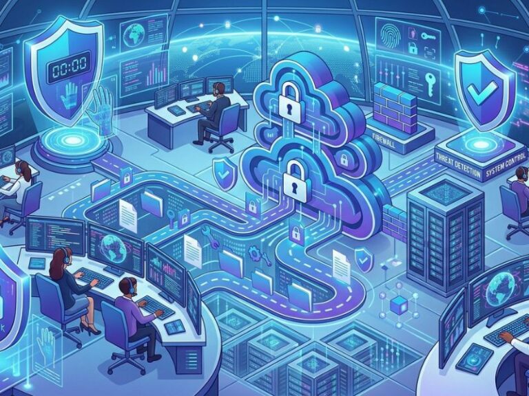Illustration of business cloud storage with secure data, team collaboration, and control settings