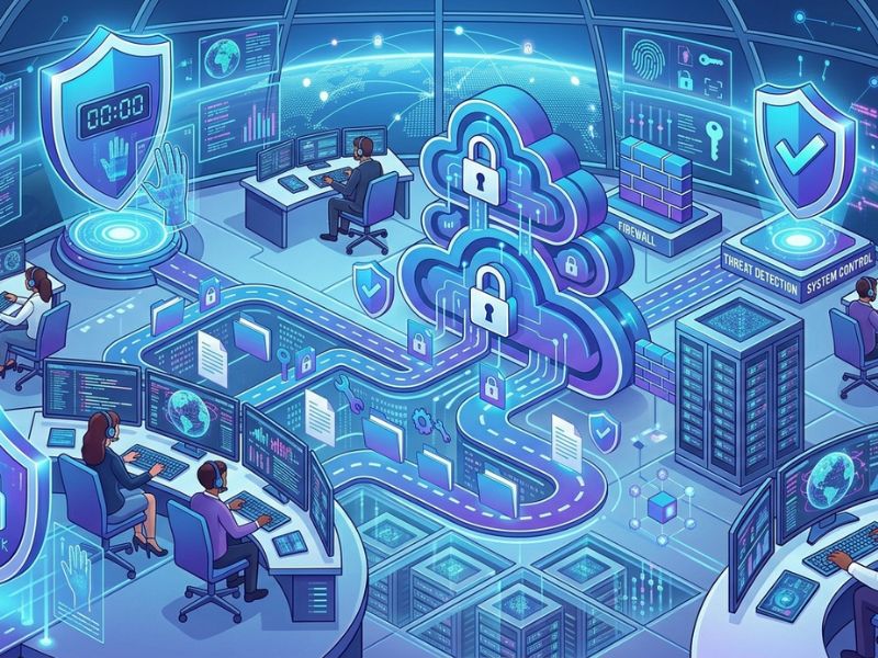 Illustration of business cloud storage with secure data, team collaboration, and control settings