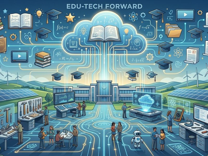 NCEdCloud tools illustration showing students and teachers accessing Canvas, PowerSchool, and digital learning resources through a secure cloud platform