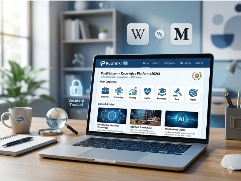 PushWiki.com review showing website categories, trust rating, features, and comparison with other knowledge platforms in 2026
