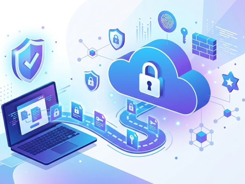 Illustration of secure cloud storage with encryption lock and protected data transfer