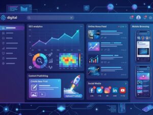 Illustration of a modern digital media and online publishing platform interface