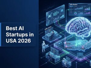 Illustration of leading AI startups in the USA featuring artificial intelligence networks, automation technologies, developer tools, and innovative startup ecosystems in 2026.