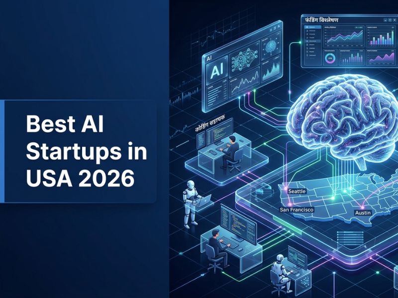 Illustration of leading AI startups in the USA featuring artificial intelligence networks, automation technologies, developer tools, and innovative startup ecosystems in 2026.