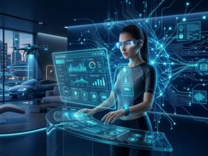 Futuristic AI ecosystem showing smart gadgets, wearable devices, and connected smart home technology in a dark blue neon digital environment representing 2026 innovation.