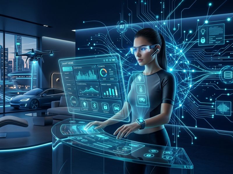 Futuristic AI ecosystem showing smart gadgets, wearable devices, and connected smart home technology in a dark blue neon digital environment representing 2026 innovation.