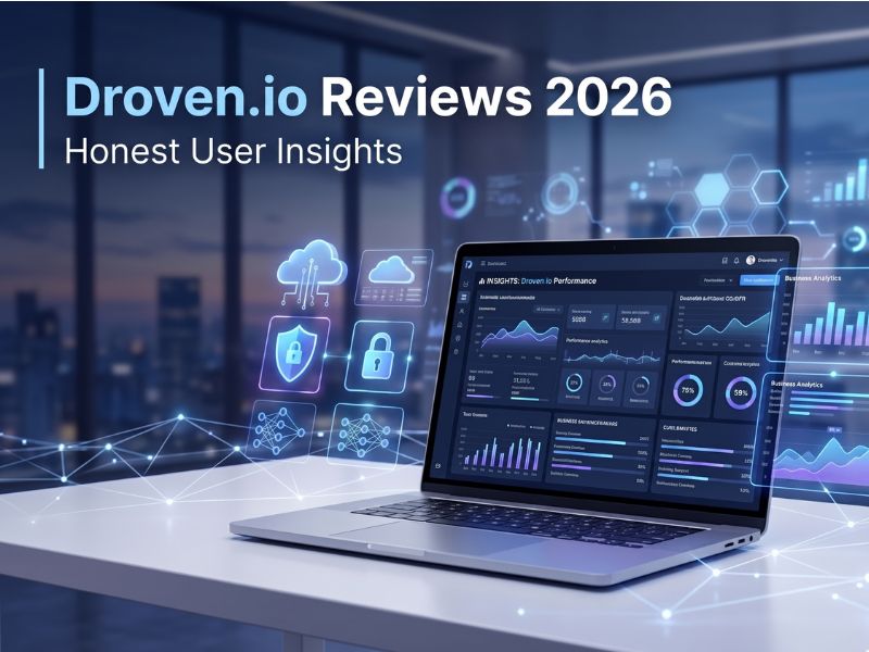 Droven.io Reviews 2026 featuring AI technology insights, cloud computing, cybersecurity, and business automation concepts.