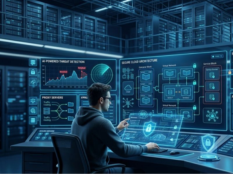 Network security architecture showing backend engineer monitoring secure servers, firewalls, API gateways, encryption, and cloud infrastructure.