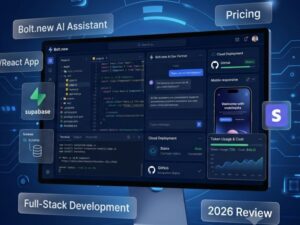 Bolt.new AI Review 2026 featuring AI coding assistant dashboard, token pricing, full-stack app development, and browser-based development workspace.
