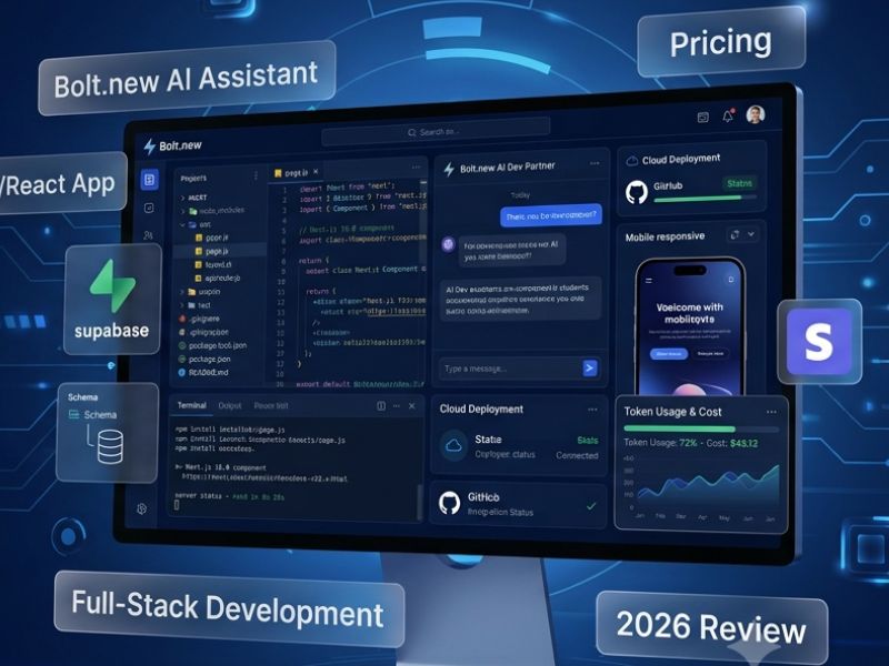 Bolt.new AI Review 2026 featuring AI coding assistant dashboard, token pricing, full-stack app development, and browser-based development workspace.