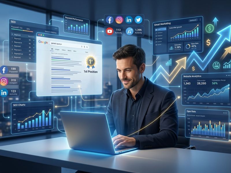Illustration of a digital marketing strategy for small business showing SEO, social media, email marketing, analytics, and online growth.