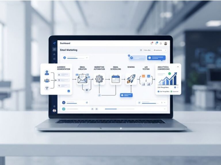 Email marketing campaign step-by-step guide showing email automation, audience segmentation, testing, and analytics
