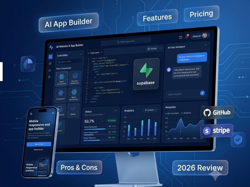 Lovable AI Review 2026 showing AI app builder dashboard, pricing plans, features and no-code web application development interface.