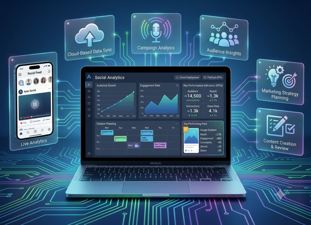 Social Media Marketing Tips for Small Businesses in 2026 featuring Facebook, Instagram, LinkedIn, TikTok, content calendar, analytics dashboard, and digital marketing strategy for USA brands.