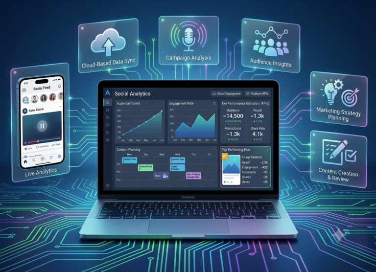 Social Media Marketing Tips for Small Businesses in 2026 featuring Facebook, Instagram, LinkedIn, TikTok, content calendar, analytics dashboard, and digital marketing strategy for USA brands.