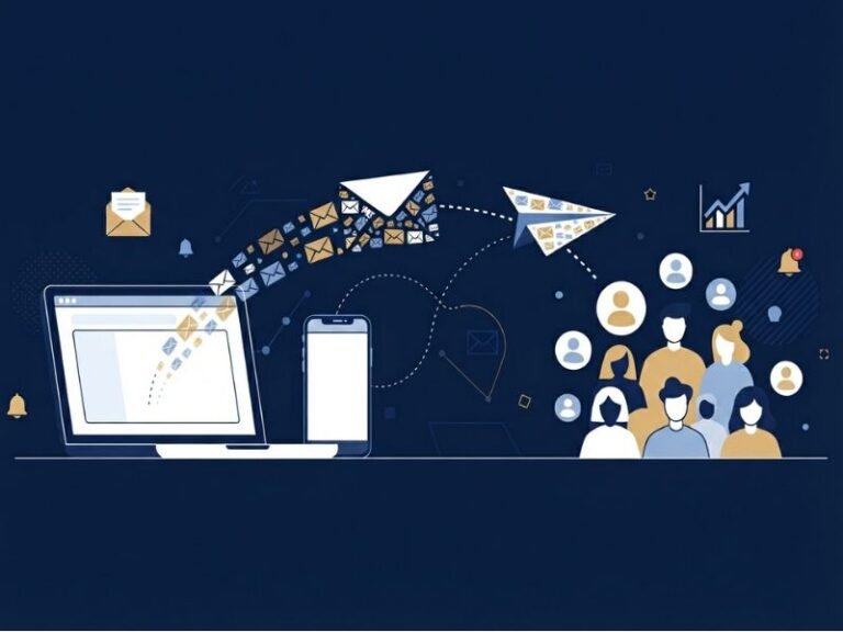 Illustration explaining what email marketing is, showing emails sending from a laptop to subscribers