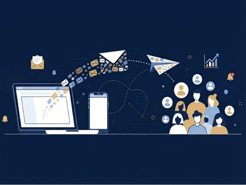 Illustration explaining what email marketing is, showing emails sending from a laptop to subscribers