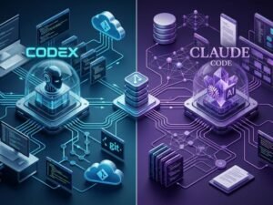 Illustration comparing two AI coding agents working on a software project