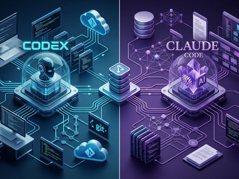 Illustration comparing two AI coding agents working on a software project