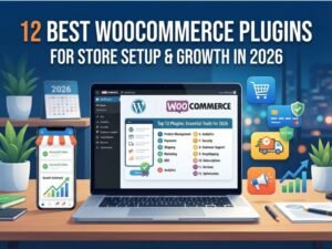 WooCommerce store illustration with tools for payments, shipping, SEO, and inventory management