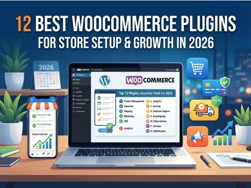 WooCommerce store illustration with tools for payments, shipping, SEO, and inventory management