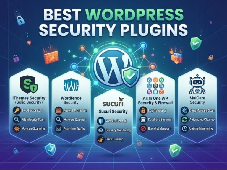 WordPress website protected by a security shield with firewall, malware scanning, and login protection icons