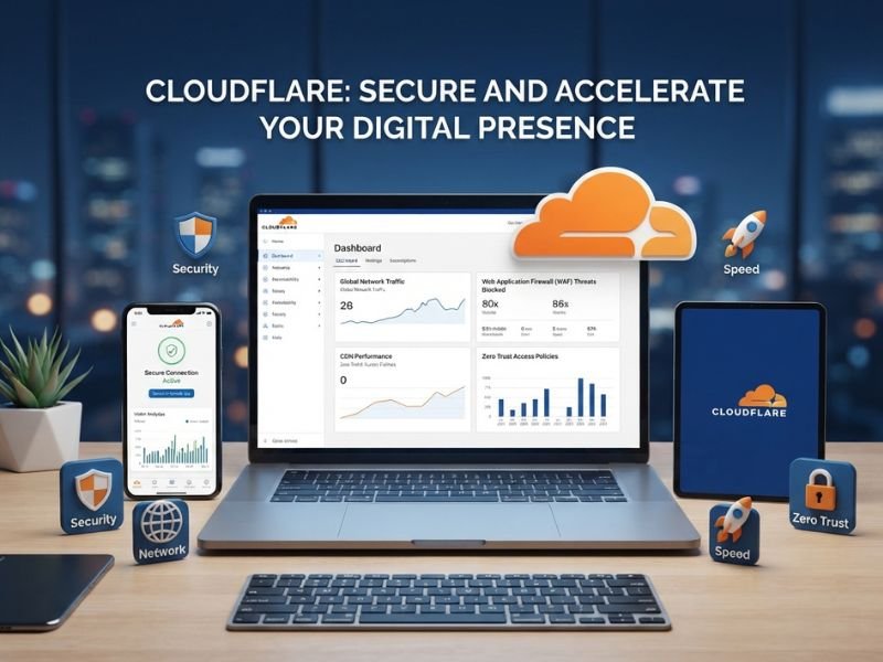 Cloudflare Free Plan illustration showing a website connected to a CDN with SSL and DDoS protection.