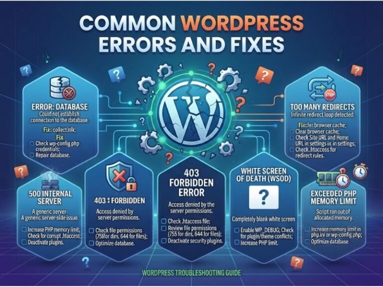 WordPress troubleshooting illustration showing website error messages, a database, and repair tools