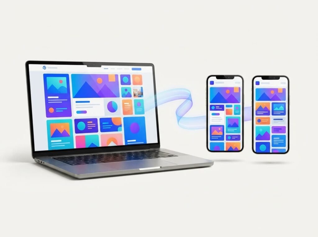 Laptop website layout transforming into mobile app screens on two smartphones.