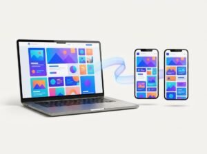 Laptop website layout transforming into mobile app screens on two smartphones.