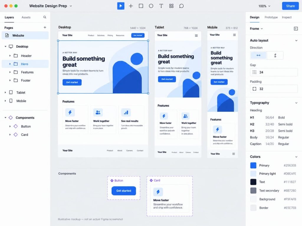 Figma-style mockup showing organized layers, Auto Layout, reusable components, and desktop, tablet, and mobile designs.