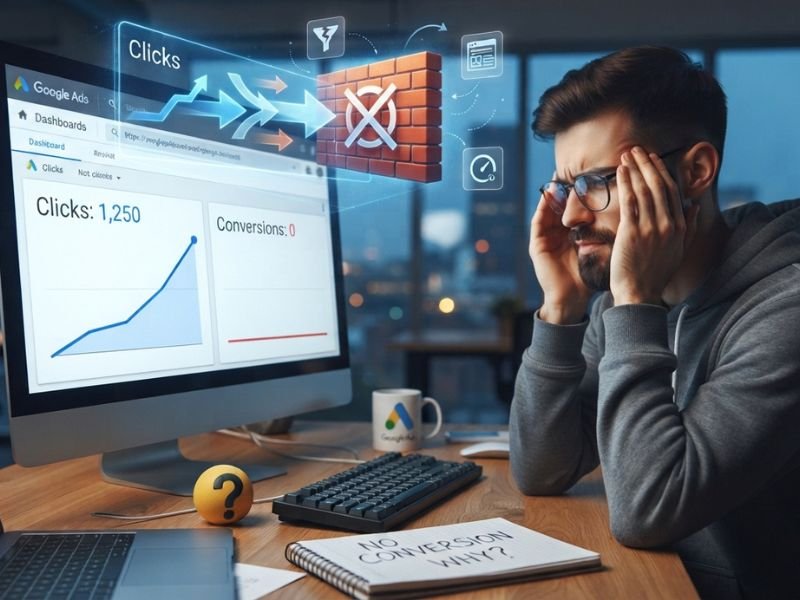 Google Ads campaign dashboard showing ad clicks but no conversions alongside a landing page review