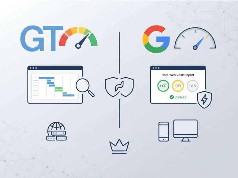 GTmetrix and PageSpeed Insights reports comparing website loading speed and performance metrics